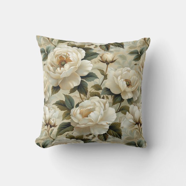 White flowers on a cream background.  throw pillow (Front)