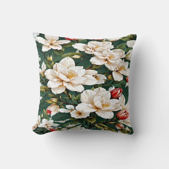 White flowers on a green pattern throw pillow (Front)