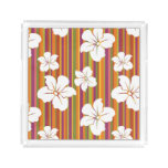 White flowers on a striped background acrylic tray