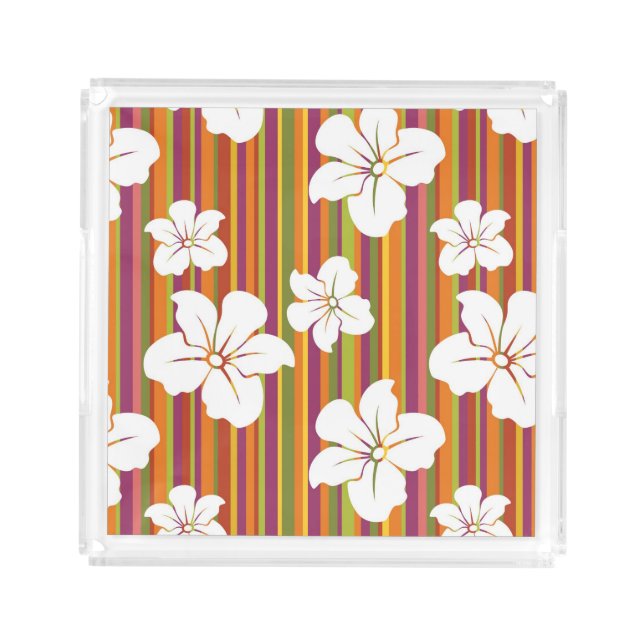 White flowers on a striped background acrylic tray (Front)