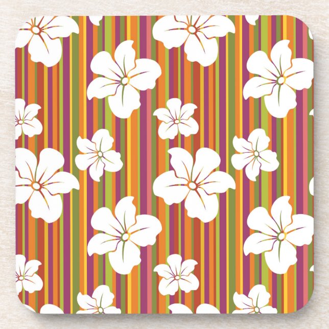 White flowers on a striped background beverage coaster (Front)