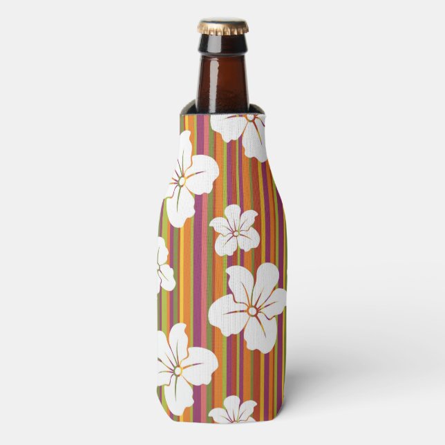 White flowers on a striped background bottle cooler (Bottle Front)