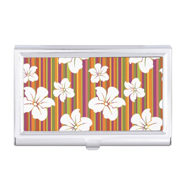 White flowers on a striped background business card holder (Front)