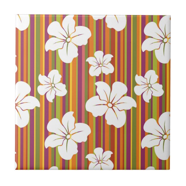 White flowers on a striped background ceramic tile (Front)