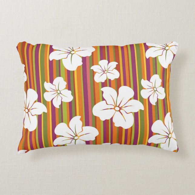 White flowers on a striped background decorative pillow (Front)