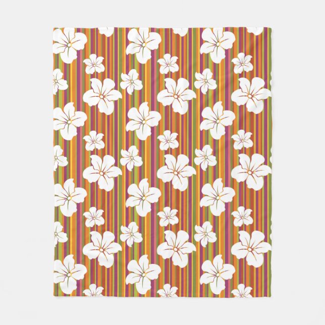 White flowers on a striped background fleece blanket (Front)