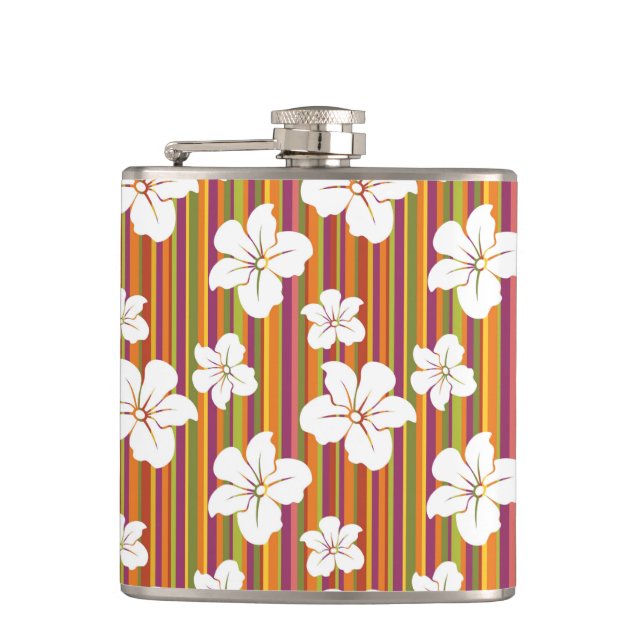 White flowers on a striped background hip flask (Front)