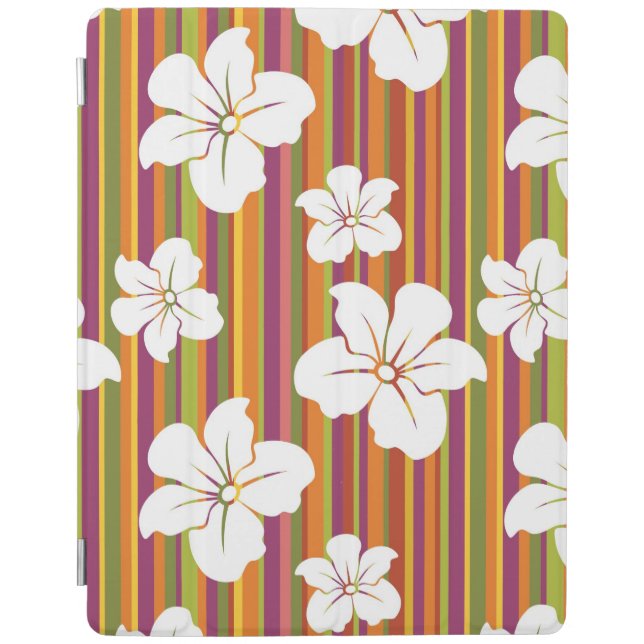 White flowers on a striped background iPad smart cover (Front)
