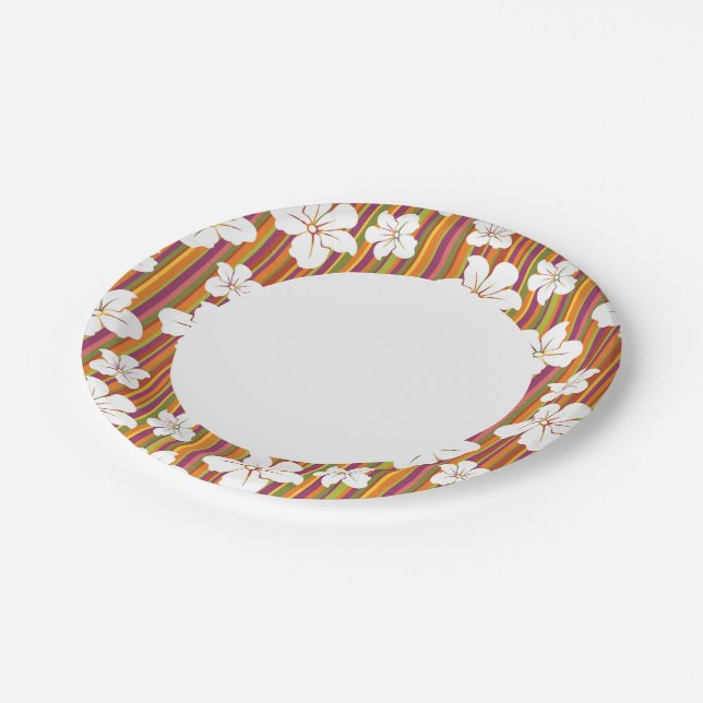 White flowers on a striped background paper plates (Angled)