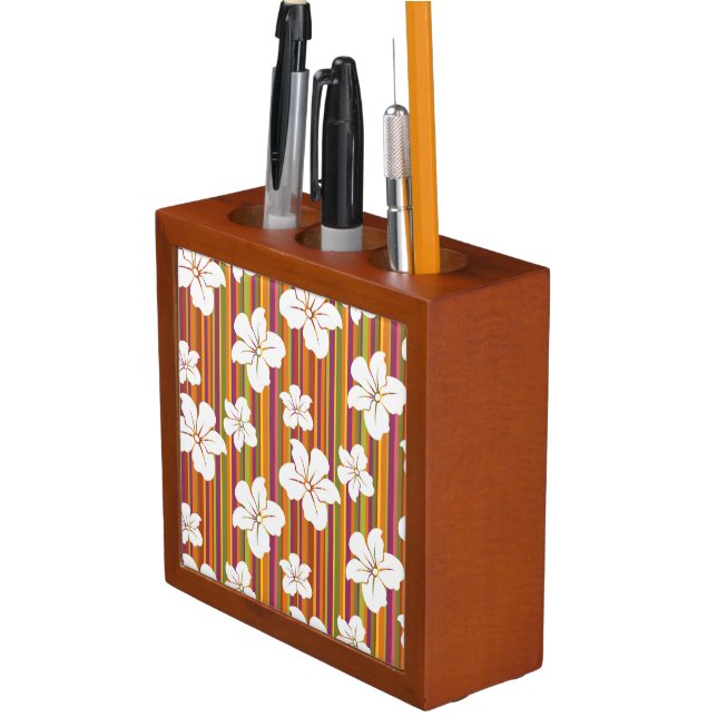 White flowers on a striped background pencil holder (In Situ)