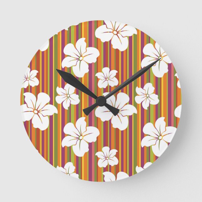 White flowers on a striped background round clock (Front)