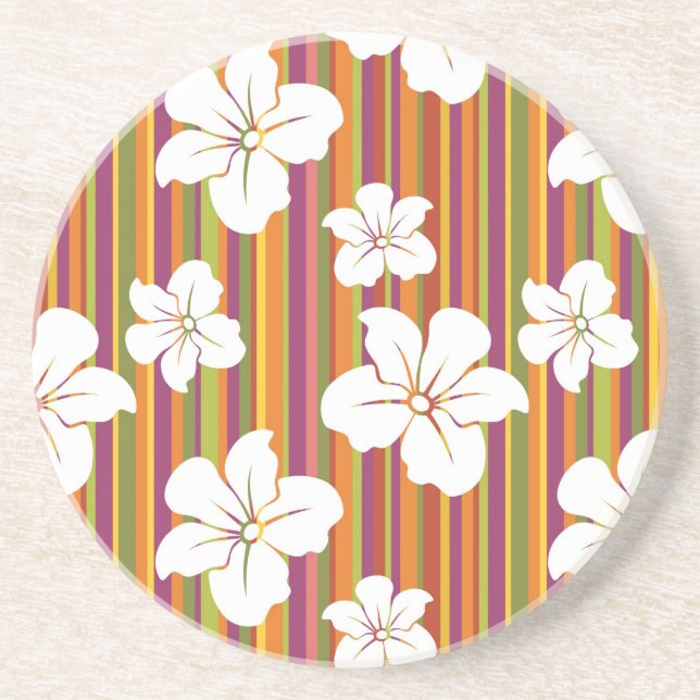 White flowers on a striped background sandstone coaster (Front)