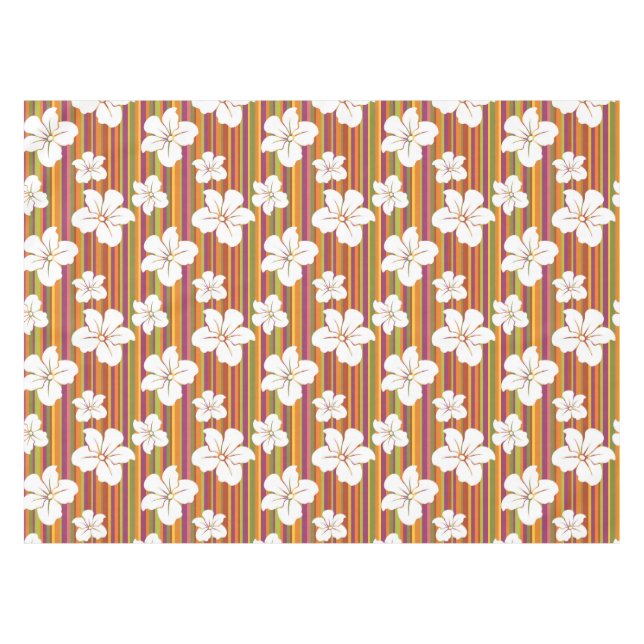 White flowers on a striped background tablecloth (Front (Horizontal))