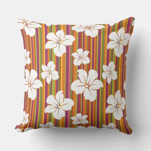 White flowers on a striped background throw pillow (Front)