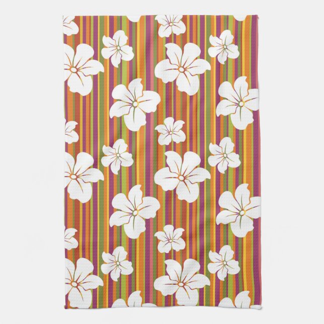 White flowers on a striped background towel (Vertical)