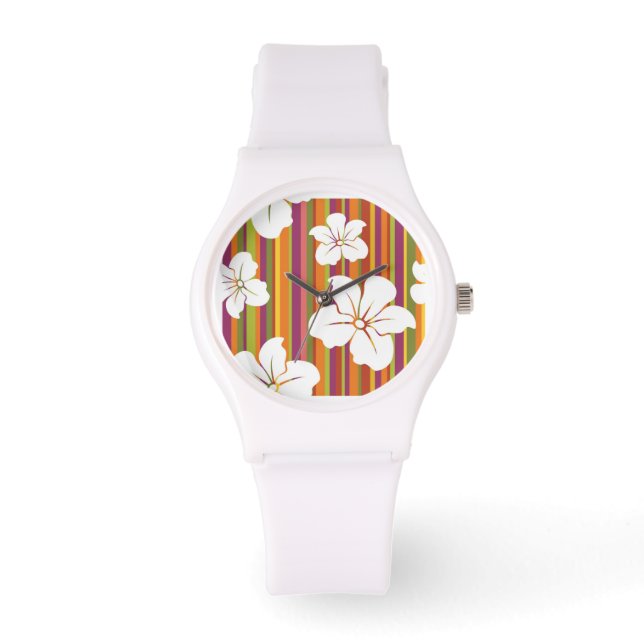 White flowers on a striped background watch (Front)