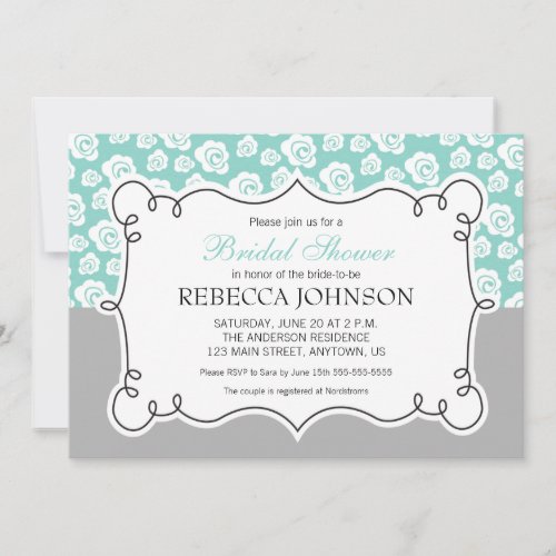 White Flowers on Aqua &amp; Gray Bridal Shower Announcements