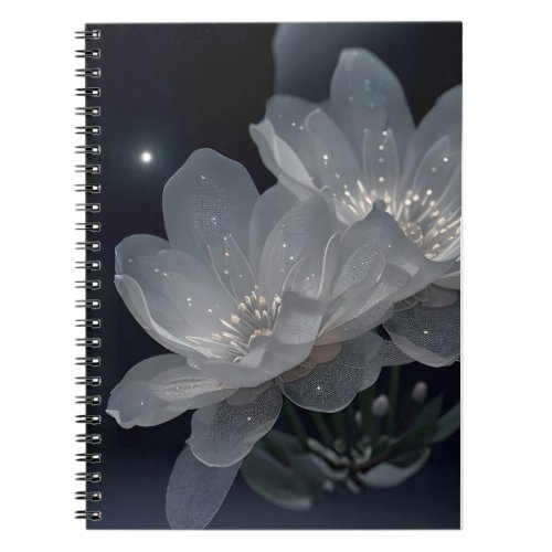 White Flowers on Black Background Notebook