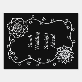 White Flowers on Black Directions Yard Sign