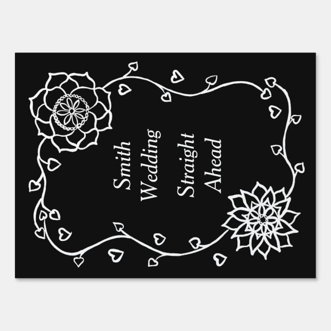 White Flowers on Black Directions Yard Sign (Front)