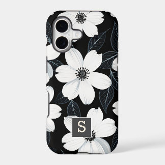 White flowers on Black Monogram Elegant iPhone 17 Case