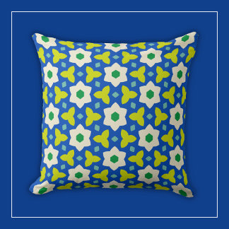 White Flowers on Blue and Green Geometric Floral Throw Pillow
