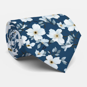 White Flowers On Blue Background Floral Wedding Neck Tie