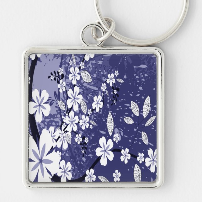 White Flowers on Blue Grunge Keychain (Front)