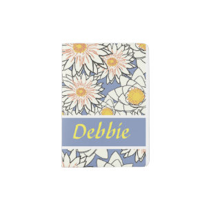 White flowers on blue passport holder