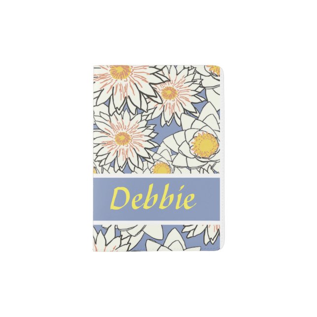 White flowers on blue passport holder (Front)