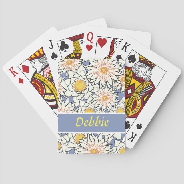 White flowers on blue poker cards (Back)