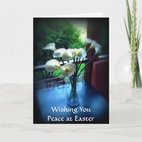 White Flowers on Blue Table with Your Message Holiday Card