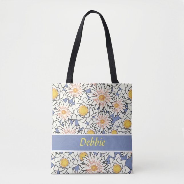 White flowers on blue tote bag (Front)