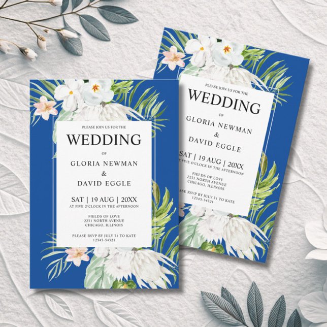 White Flowers on Blue Wedding  Invitation (Creator Uploaded)