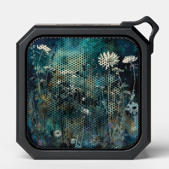 White Flowers on Blues and Greens Collage Bluetooth Speaker (Front)