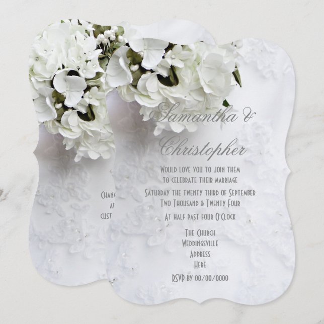 White flowers on brides dress wedding invitation (Front/Back)