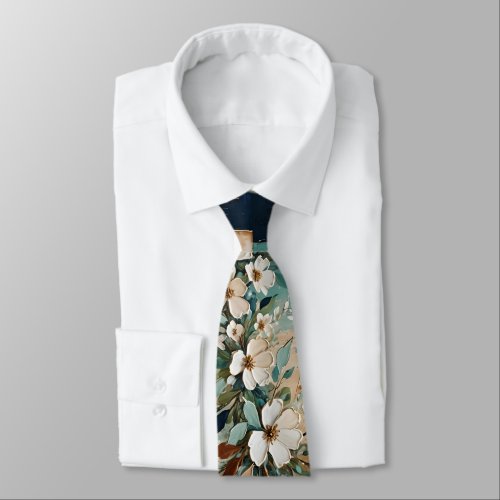 White flowers on colorful abstract background neck tie