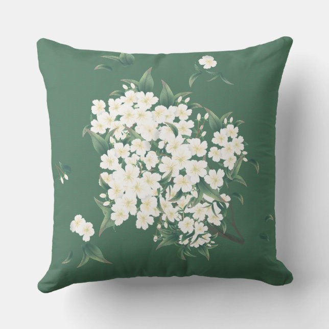 White Flowers on Dark Green Chinoiserie Pattern Throw Pillow (Back)