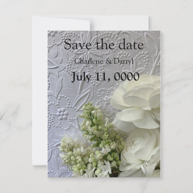 White flowers on embossed background save the date (Front)