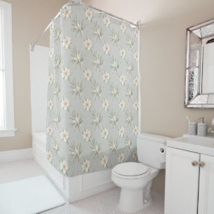 White flowers on gray pattern shower curtain