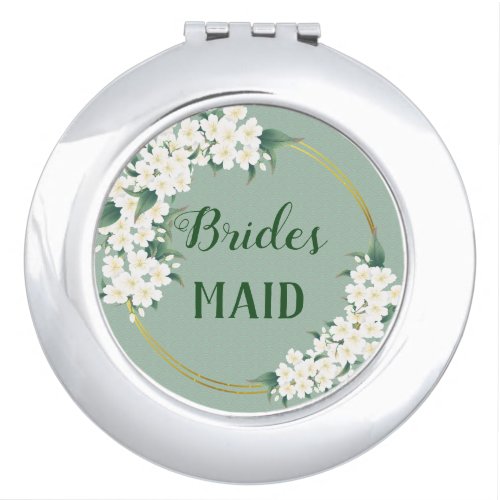 White Flowers on Green Bridesmaid Wedding Favor  Compact Mirror