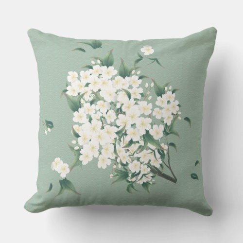 White Flowers on Green Chinoiserie Clouds Pattern Throw Pillow