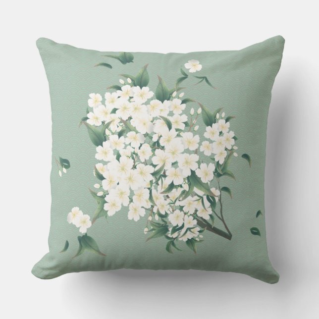 White Flowers on Green Chinoiserie Clouds Pattern Throw Pillow (Front)