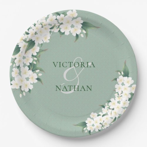 White Flowers on Green Chinoiserie Pattern Wedding Paper Plates