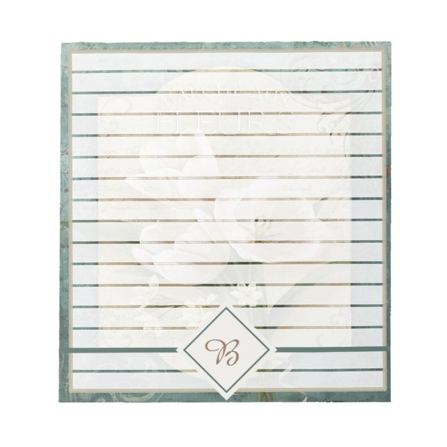 White flowers on green notepad (Front)
