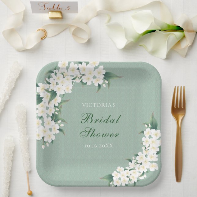 White Flowers on Green Pattern Bridal Shower Paper Plates (Wedding)