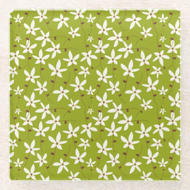 White Flowers on Green Pattern Retro Glass Coaster (Front)