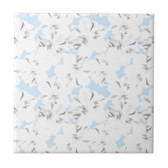White flowers on light blue. ceramic tile (Front)