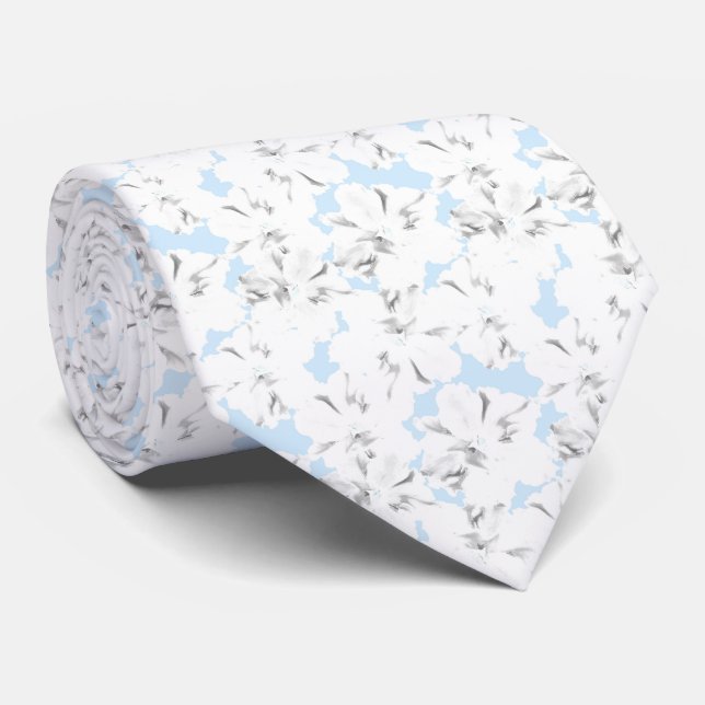 White flowers on light blue. neck tie (Rolled)
