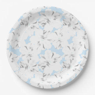 White flowers on light blue. paper plates